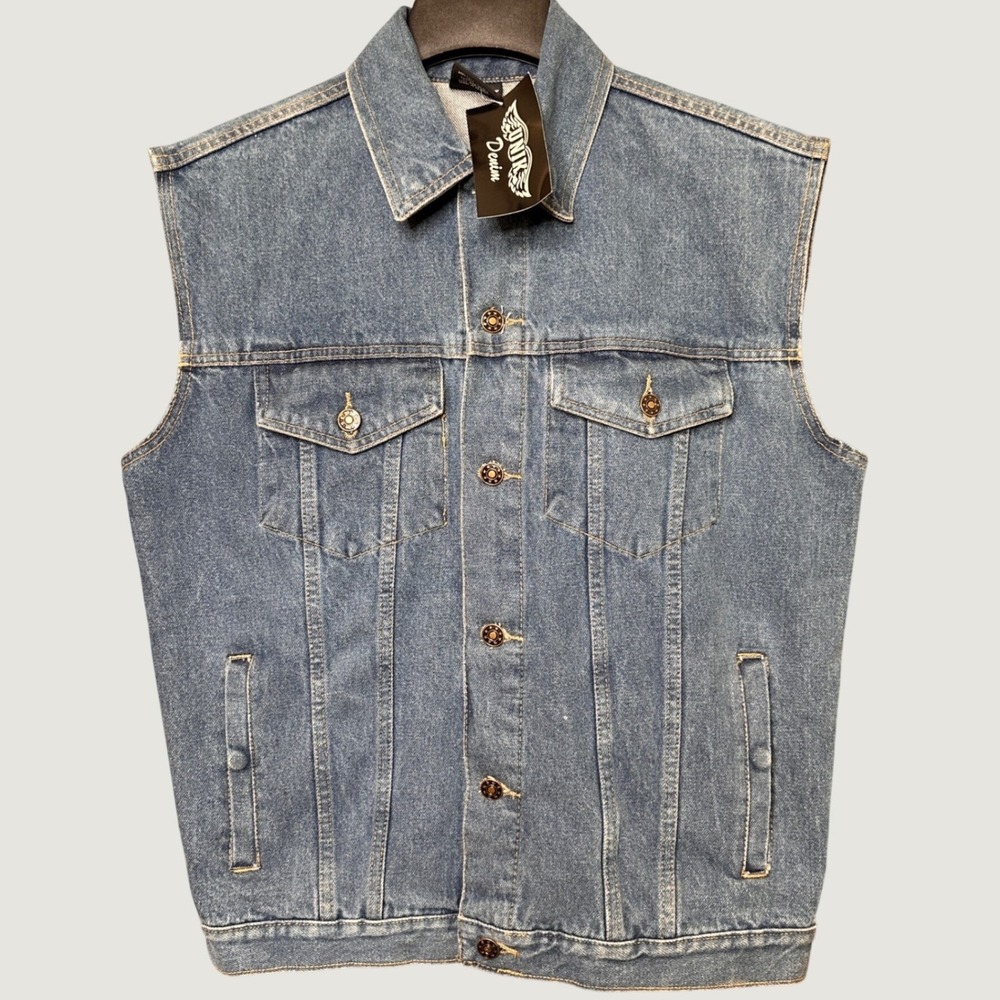 NWT UNIK Denim Mens Blue Cotton Trucker Biker Motorcycle Denim Vest Size M New
